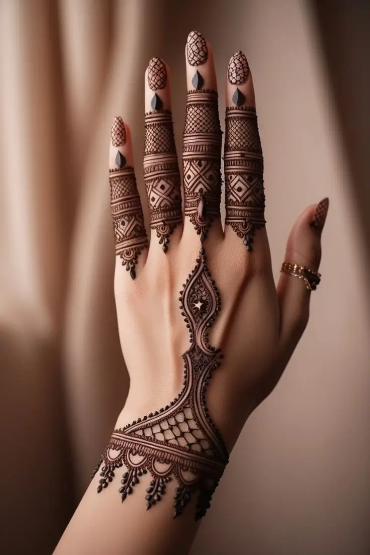 stylish back hand mehndi design bail