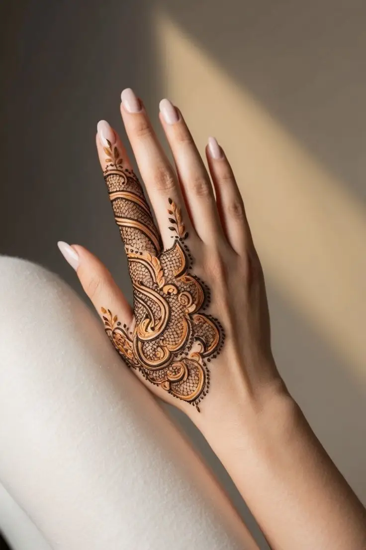 stylish back hand mehndi designs jhumka design